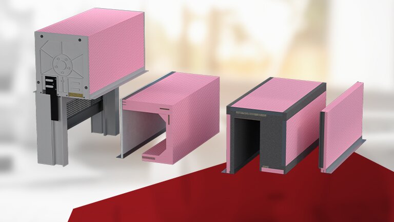 Rosa gedämmte Rollladenkasten-Systeme und verschiedene Schalungselemente.